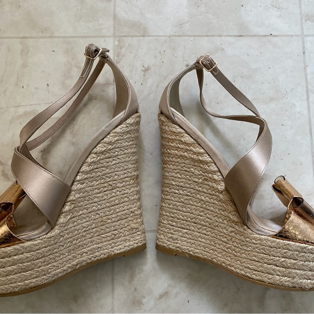 Burberry Made in Italy Satin Rosegold Leather Bow Espadrilles Sandals sz 9/39 - Picture 5 of 14